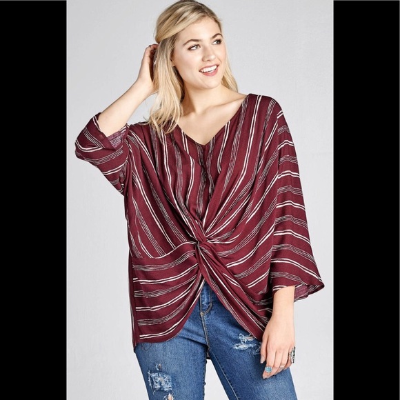 ODDY Tops - NWT Plus Size Wine Striped Blouse(last 1!)